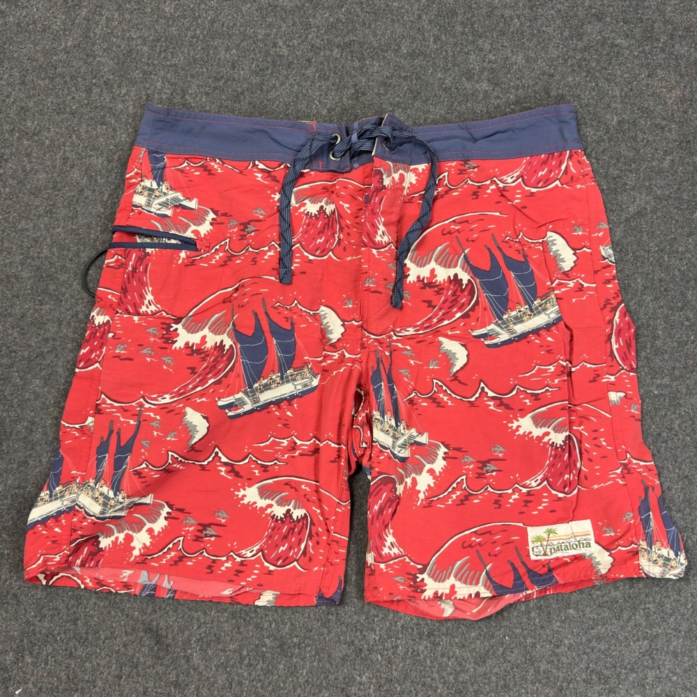Patagonia Pataloha Board Shorts Mens 32 Red Hokulea Wave Print Swim Trunks 86622